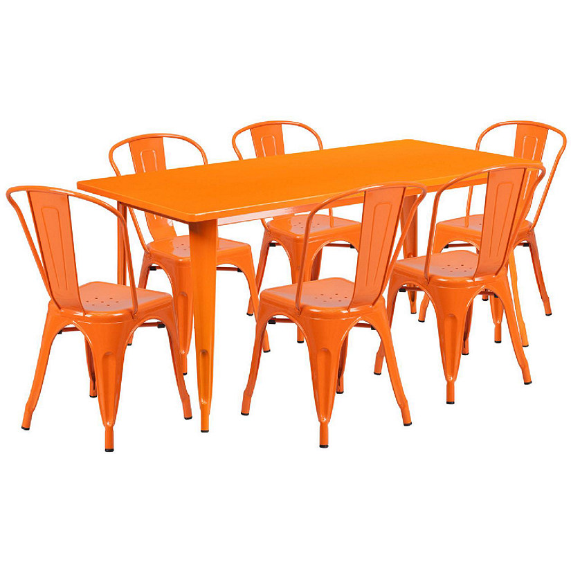 Emma + Oliver Commercial Rectangular Orange Metal Indoor-Outdoor Table Set-6 Stack Chairs Image