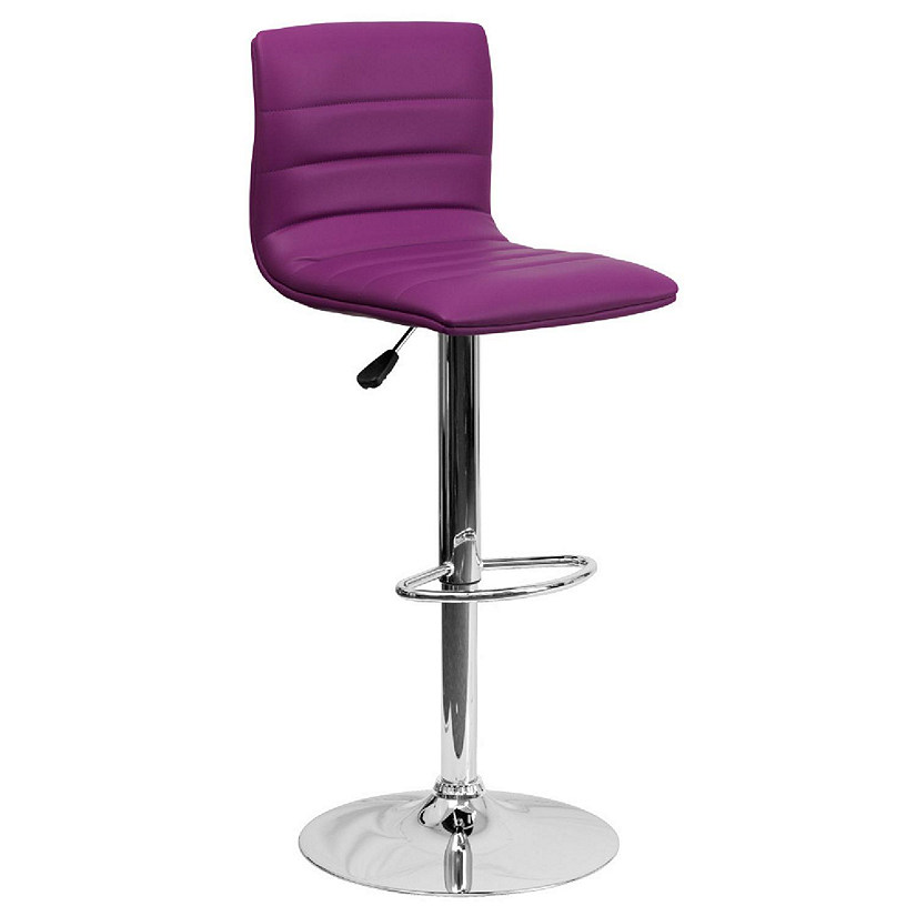 Emma + Oliver Coti Modern Channel Tufted Purple Vinyl Upholstered Height Adjustable Mid-Back Stool and Chrome Pedestal Base with Footrest Image
