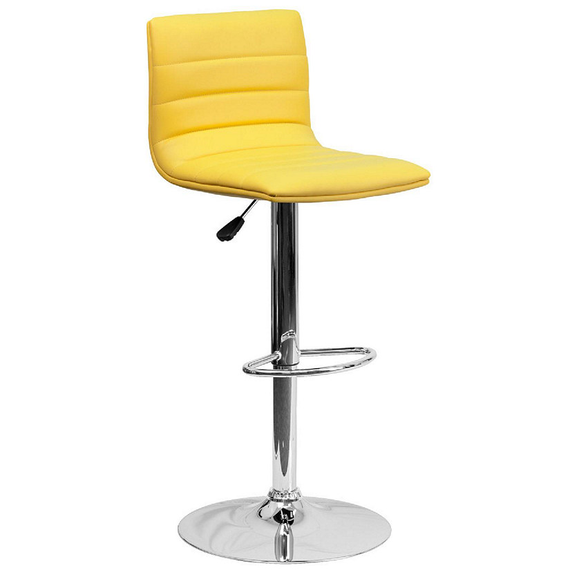 Emma + Oliver Coti Modern Channel Tufted Yellow Vinyl Upholstered Height Adjustable Mid-Back Stool and Chrome Pedestal Base with Footrest Image