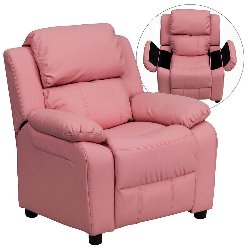 Emma + Oliver Deluxe Padded Pink Vinyl Kids Recliner with Storage Arms Image