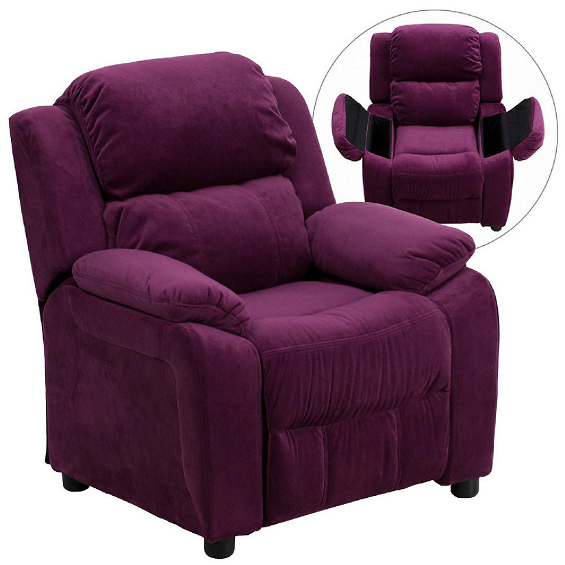 Emma + Oliver Deluxe Padded Purple Microfiber Kids Recliner with Storage Arms Image