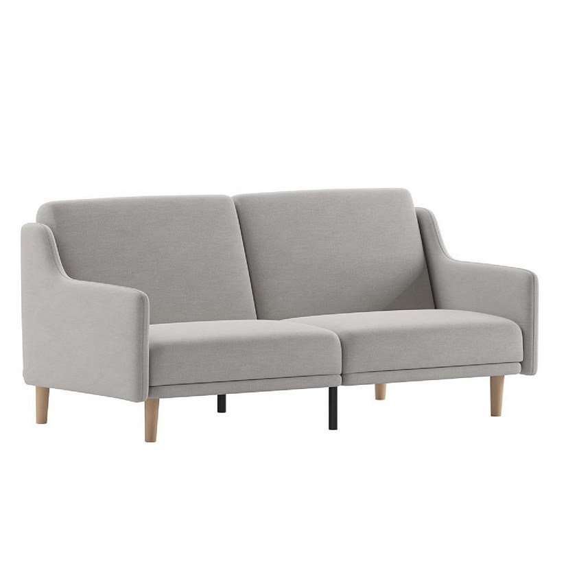 Emma + Oliver Dinah Plush Padded Faux Linen Upholstered Split Back Sofa Futon with Smooth Curved Removable Arms and Wooden Legs in Gray Image