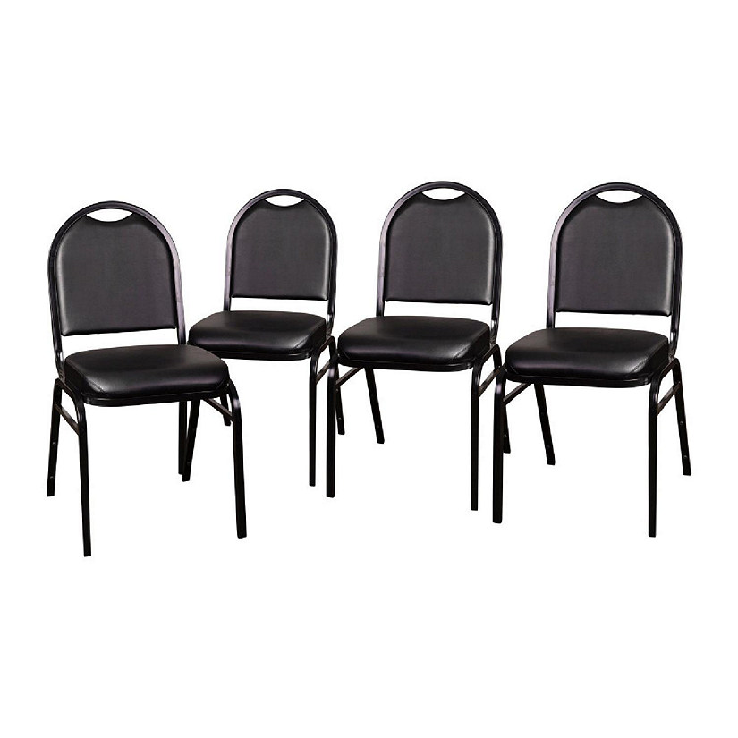 Emma + Oliver Dymoke Dome Back Banquet Chair - Black Vinyl Upholstery -Black Metal Frame - 500 lbs. Static Weight Capacity - No Assembly Required - Set of 4 Image