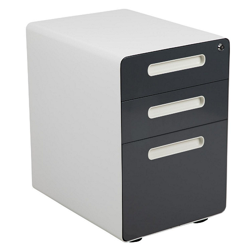 Emma + Oliver Ergonomic 3-Drawer Mobile Locking Filing Cabinet-White with Charcoal Faceplate Image