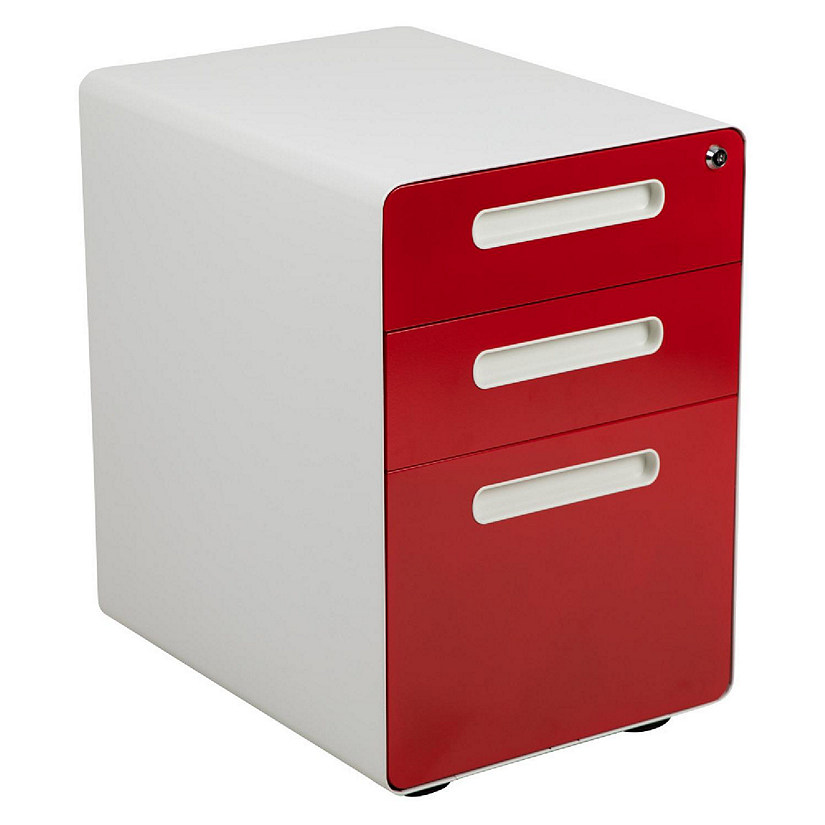 Emma + Oliver Ergonomic 3-Drawer Mobile Locking Filing Cabinet-White with Red Faceplate Image
