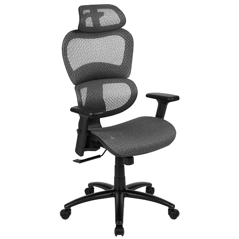 Emma + Oliver Ergonomic Gray Mesh Office Chair-Synchro-Tilt, Headrest, Adjustable Pivot Arms Image