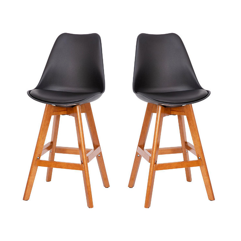 Emma + Oliver Foster Bar Height Dining Stools - Black Plastic Upholstery - Matching Faux Leather Attached Seat Cushion - Walnut Finish Wood Frame - Set of Two Image