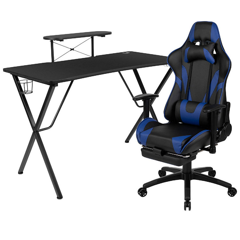 Emma + Oliver Gaming Bundle-Cup/Headphone Desk & Blue Reclining Footrest  Chair