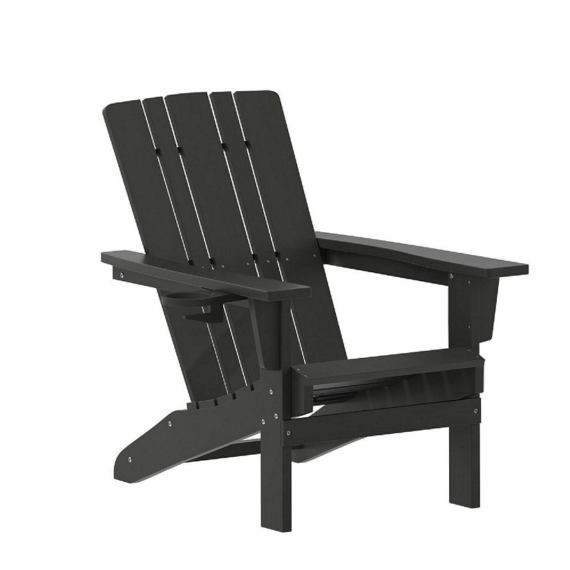 Emma + Oliver Haley Adirondack Chair with Cup Holder, Weather Resistant Poly Resin Adirondack Chair, Black Image