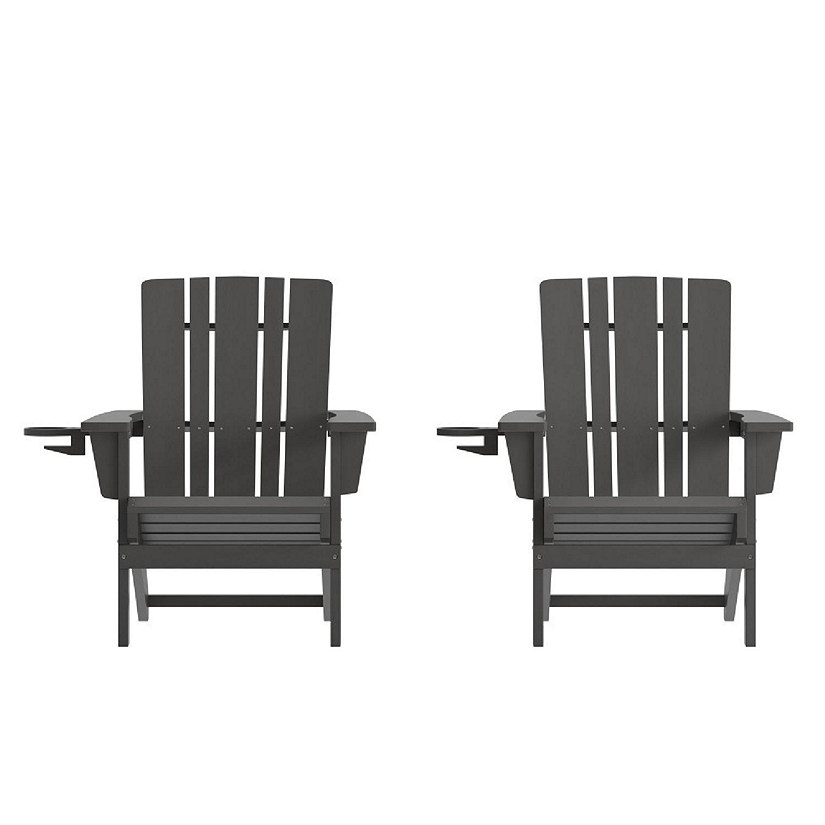 Emma + Oliver Haley Adirondack Chairs with Cup Holders, Weather Resistant Poly Resin Adirondack Chairs, Set of 2, Gray Image