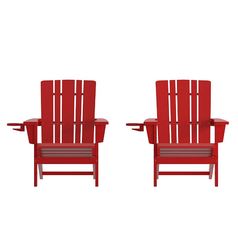 Emma + Oliver Haley Adirondack Chairs with Cup Holders, Weather Resistant Poly Resin Adirondack Chairs, Set of 2, Red Image