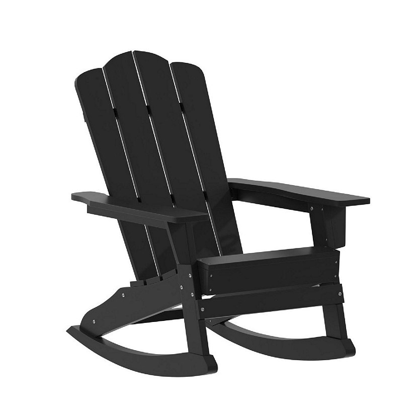 Emma + Oliver Haley Adirondack Rocking Chair with Cup Holder, Weather Resistant Poly Resin Adirondack Rocking Chair, Black Image