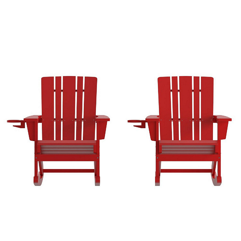 Emma + Oliver Haley Adirondack Rocking Chairs with Cup Holder, Weather Resistant Poly Resin Adirondack Rocking Chairs, Set of 2, Red Image