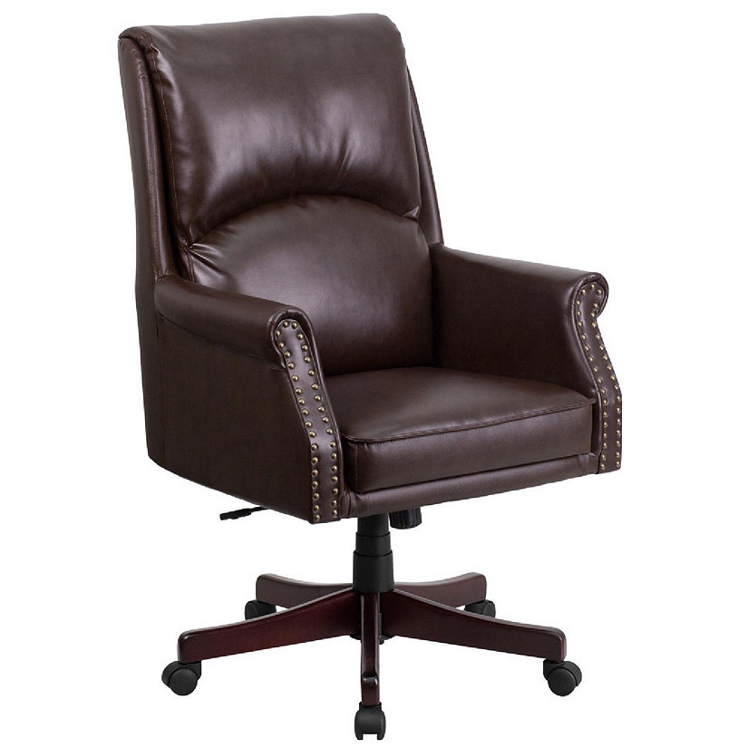 Emma + Oliver High Back Pillow Back Brown LeatherSoft Executive Swivel Office Chair with Arms Image