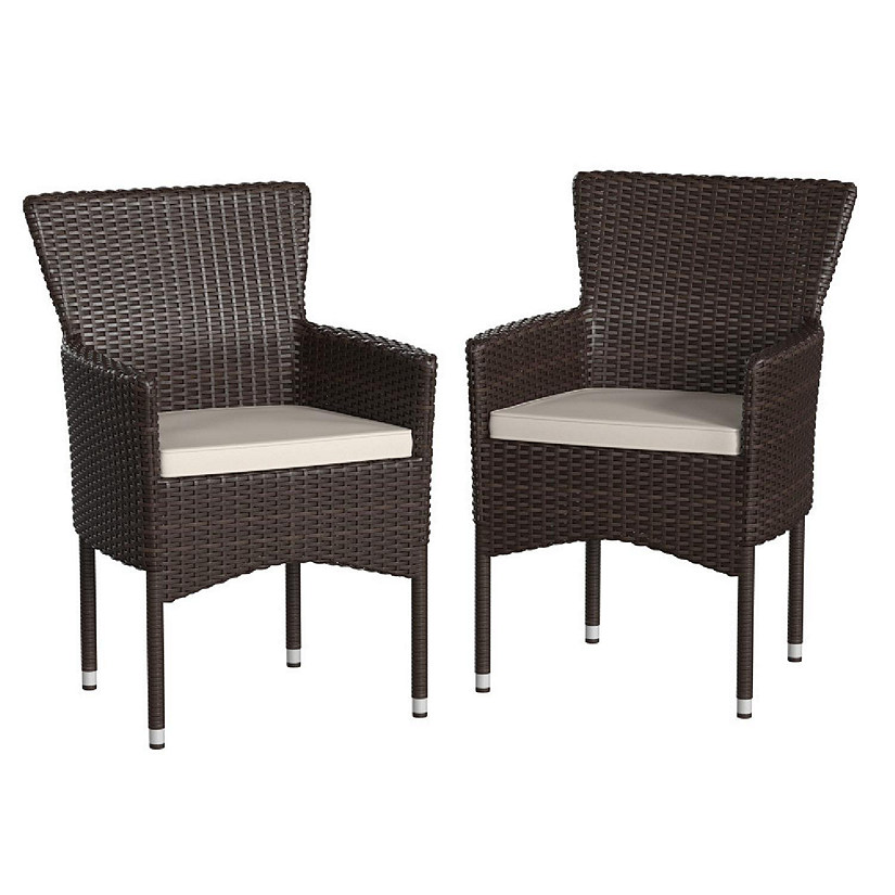Emma + Oliver Ina Set of 2 Modern Espresso Wicker Patio Chairs with Removable Cream Cushions for Indoor and Outdoor Use Image