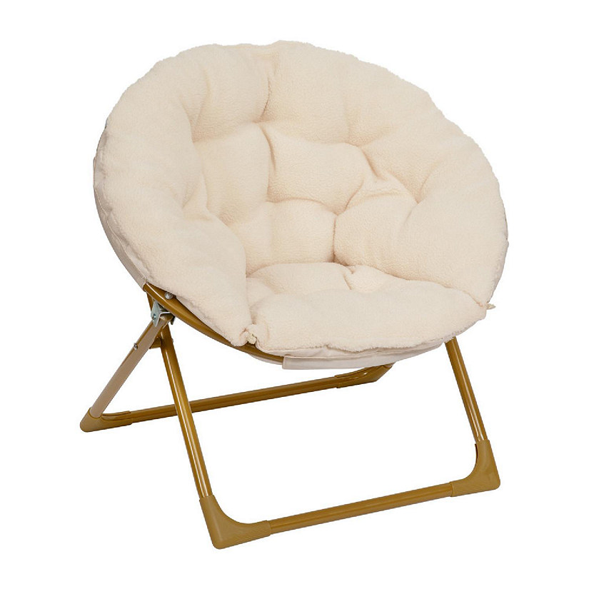 Emma + Oliver Io Kid's Folding Saucer Chair - Ivory Faux Fur Moon Chair - Soft Gold Metal Frame - 23" Portable Folding Chair - For Dorm and Bedroom Image