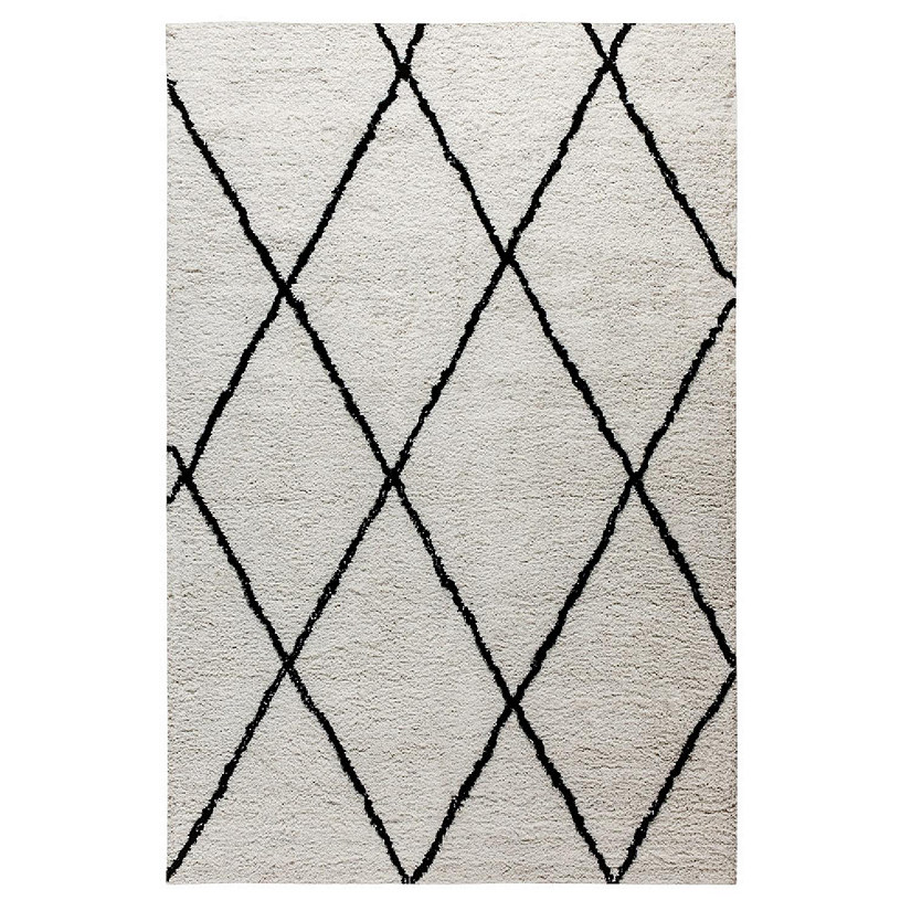 Emma + Oliver Ivory and Black 5' x 7' Shag Style Diamond Trellis Micro-Polyester Indoor Area Rug Suitable For Multiple Flooring Types Image