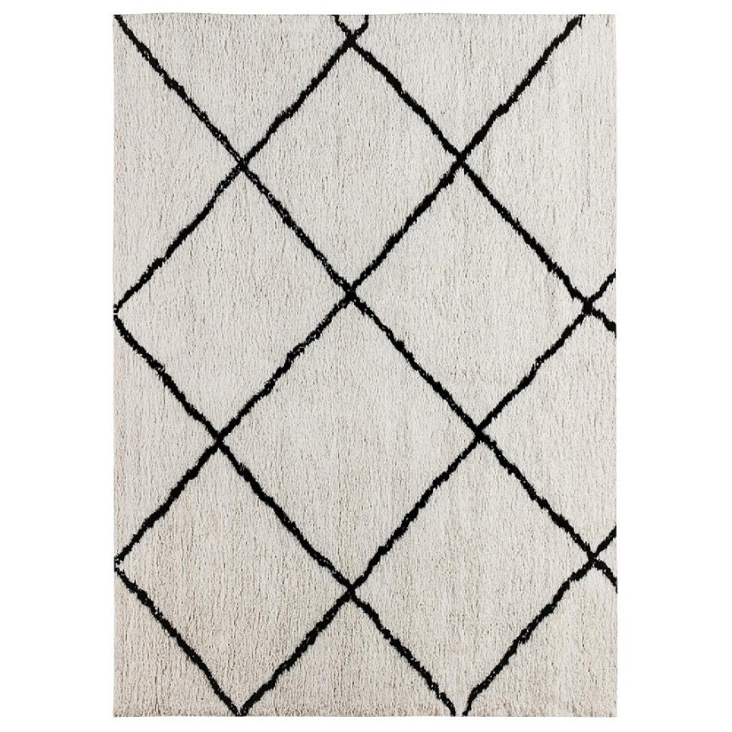 Emma + Oliver Ivory and Black 8' x 10' Shag Style Diamond Trellis Micro-Polyester Indoor Area Rug Suitable For Multiple Flooring Types Image