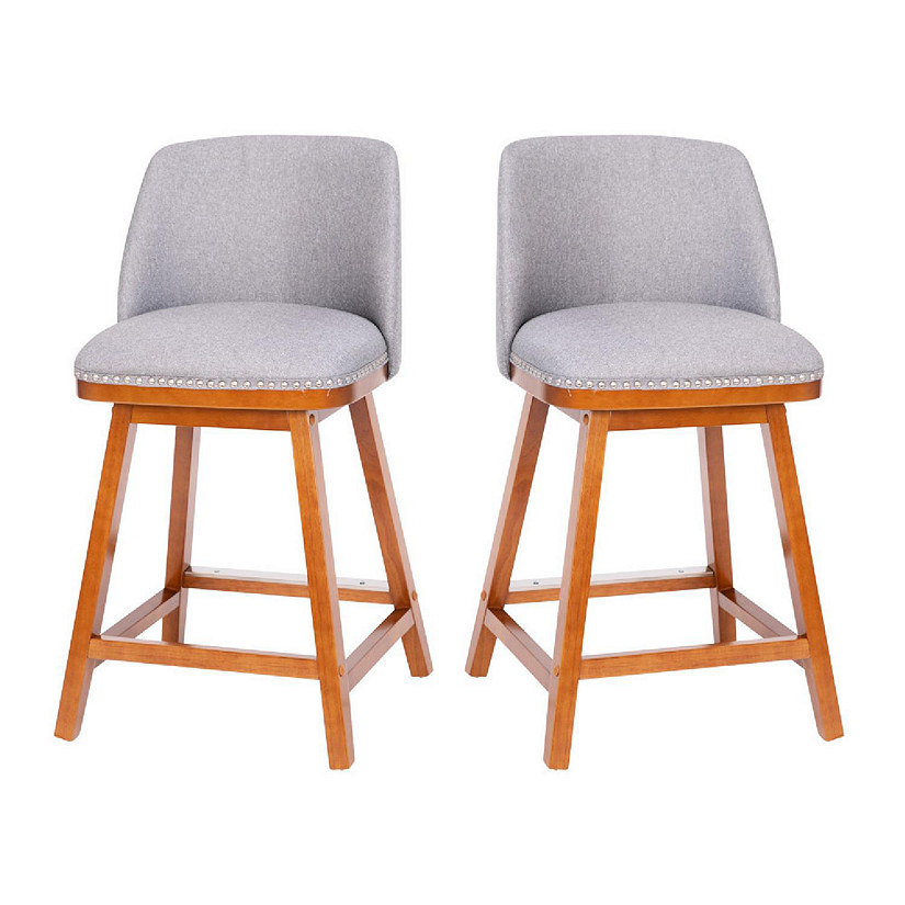 Emma + Oliver Jada Set of Two Gray Faux Linen Upholstered 24" Counter Height Mid-Back Stools with Nailhead Accent Trim & Walnut Finished Wood Frames Image