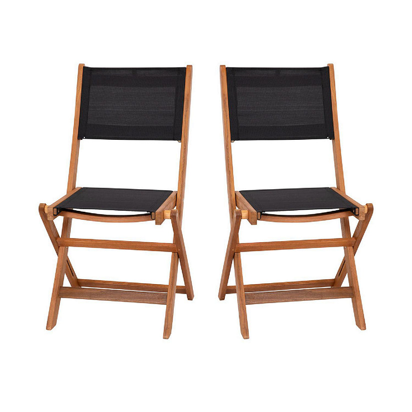 Emma + Oliver Kosti Folding Chairs - Natural Acacia Wood - Textilene Mesh Seat and Back - Weather Resistant - 275 lbs. Static Weight Capacity - Set of Two Image