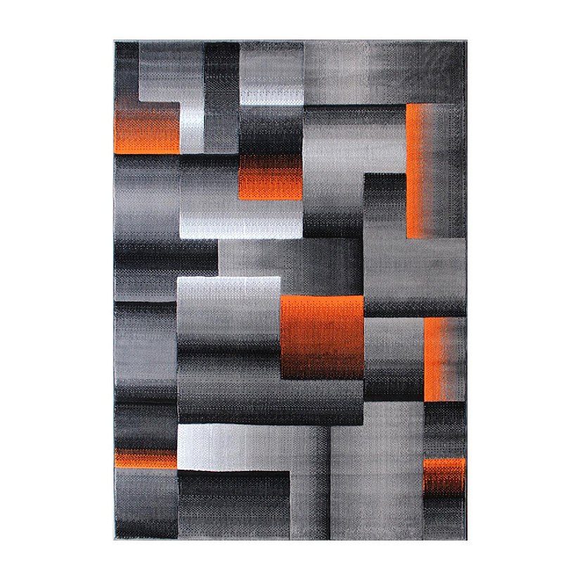 Emma + Oliver Malaga Olefin Accent Rug - Modern Cubist Pattern - Black and Gray Shades with Vibrant Orange Accents - 6x9 - Moisture & Stain Resistant Image