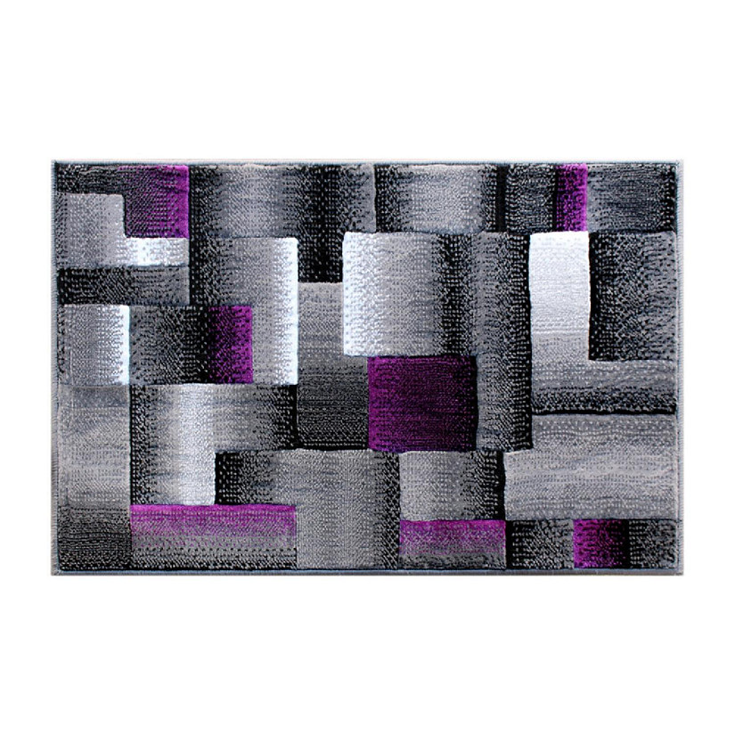 Emma + Oliver Malaga Olefin Accent Rug - Modern Cubist Pattern - Black and Gray Shades with Vibrant Purple Accents - 2x3 - Moisture & Stain Resistant Image