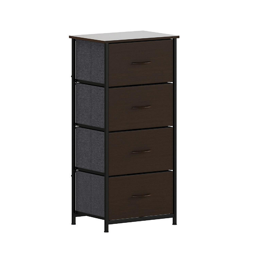 Emma + Oliver Marley 4 Drawer Storage Dresser, Cast Iron Frame, Engineered Wood Top, Easy Pull Fabric Drawers with Wooden Handles, Black/Brown Image