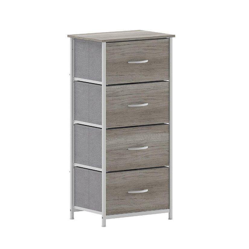 Emma + Oliver Marley 4 Drawer Storage Dresser, Cast Iron Frame, Engineered Wood Top, Easy Pull Fabric Drawers with Wooden Handles, White/Light Natural Image