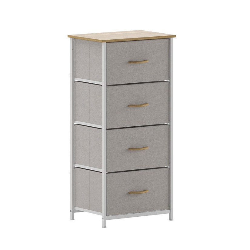 Emma + Oliver Marley 4 Drawer Storage Dresser, Engineered Wood Top and Cast Iron Frame, Easy Pull Fabric Drawers with Wooden Handles, White/Beige Image