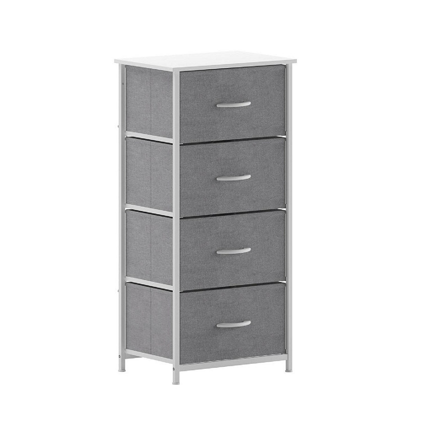 Emma + Oliver Marley 4 Drawer Storage Dresser, Engineered Wood Top and Cast Iron Frame, Easy Pull Fabric Drawers with Wooden Handles, White/Gray Image