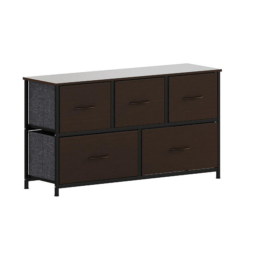 Emma + Oliver Marley 5 Drawer Storage Dresser, Cast Iron Frame, Engineered Wood Top, Easy Pull Fabric Drawers with Wooden Handles, Black/Brown Image