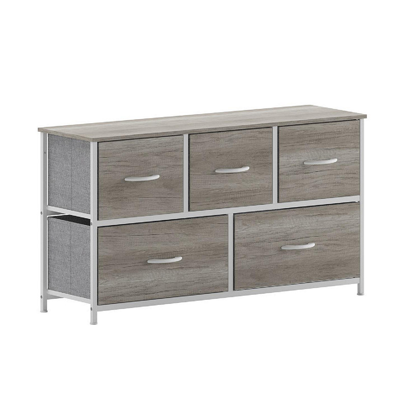 Emma + Oliver Marley 5 Drawer Storage Dresser, Cast Iron Frame, Engineered Wood Top, Easy Pull Fabric Drawers with Wooden Handles, White/Light Natural Image
