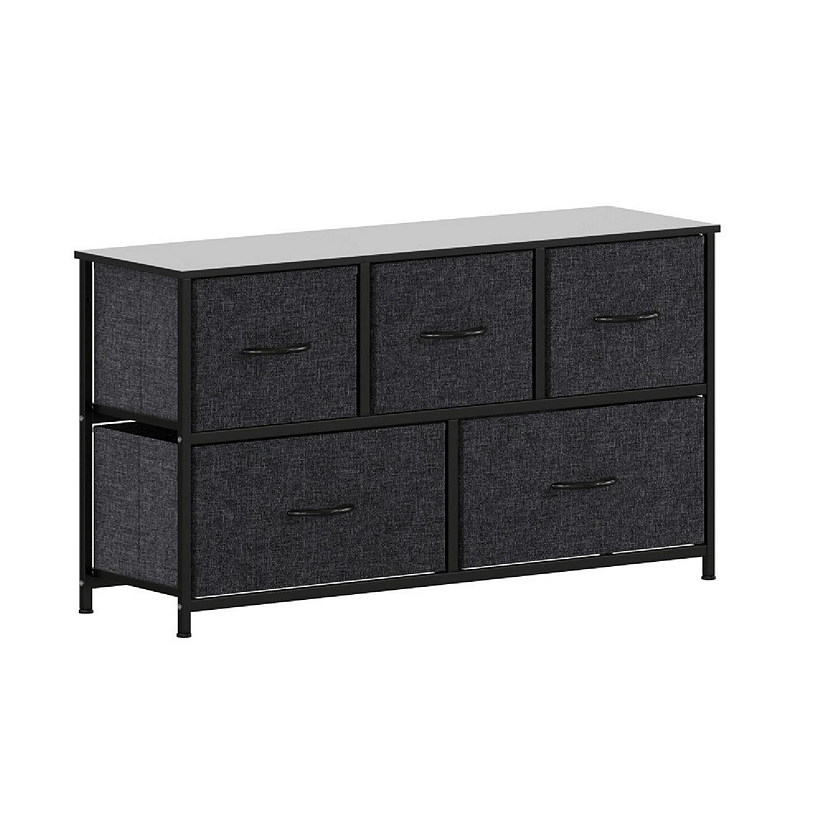 Emma + Oliver Marley 5 Drawer Storage Dresser, Engineered Wood Top and Cast Iron Frame, Easy Pull Fabric Drawers with Wooden Handles, Black/Black Image