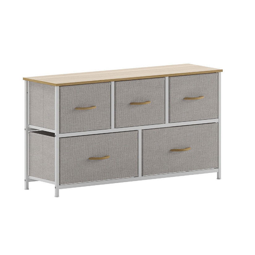 Emma + Oliver Marley 5 Drawer Storage Dresser, Engineered Wood Top and Cast Iron Frame, Easy Pull Fabric Drawers with Wooden Handles, White/Beige Image