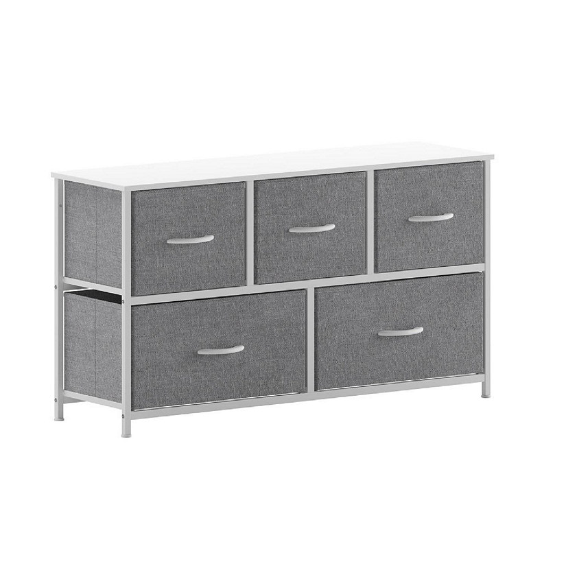 Emma + Oliver Marley 5 Drawer Storage Dresser, Engineered Wood Top and Cast Iron Frame, Easy Pull Fabric Drawers with Wooden Handles, White/Gray Image