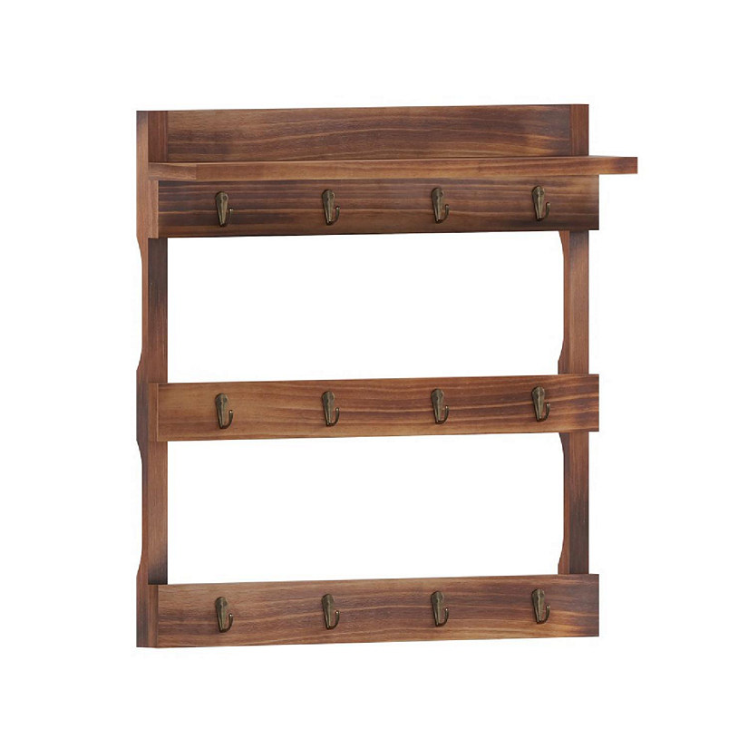 Emma + Oliver Maxwell Wall Mounted Wooden Mug Rack - Rustic Brown Finish - 12 Metal Mug Hooks - Inlaid Hanging Hardware - Includes Screws and Wall Anchors Image