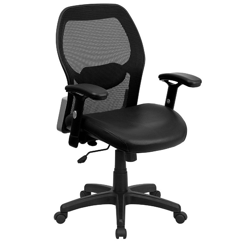 Emma + Oliver Mid-Back Black Super Mesh Executive Swivel Office Chair with LeatherSoft Seat and Adjustable Lumbar & Arms Image