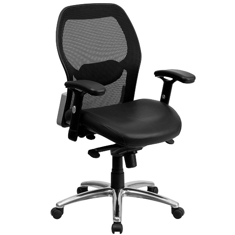 Emma + Oliver Mid-Back Black Super Mesh Executive Swivel Office Chair with LeatherSoft Seat, Knee Tilt Control and Adjustable Lumbar & Arms Image