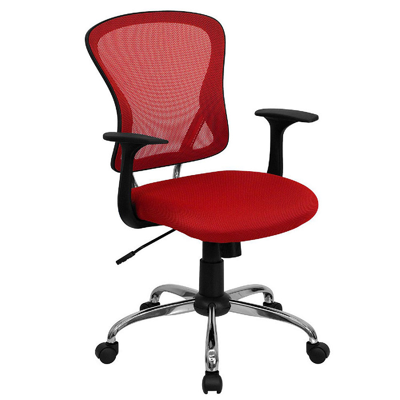 Emma + Oliver Mid-Back Red Mesh Swivel Task Office Chair with Chrome Base and Arms Image