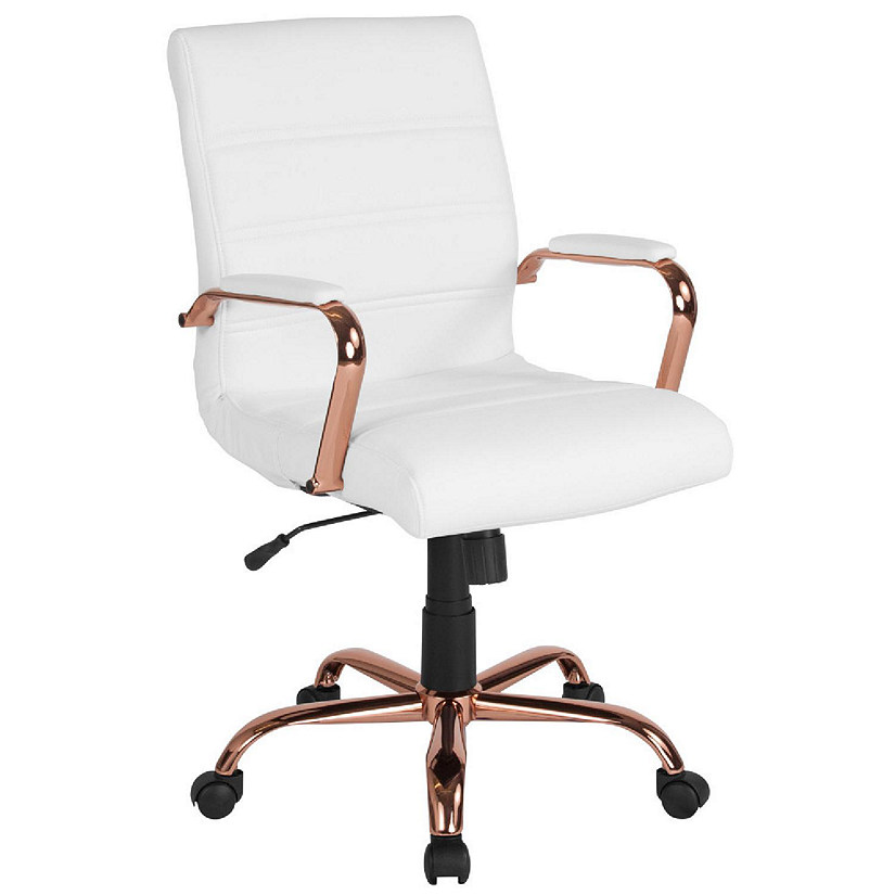 Emma + Oliver Mid-Back White LeatherSoft Executive Swivel Office Chair - Rose Gold Frame/Arms Image
