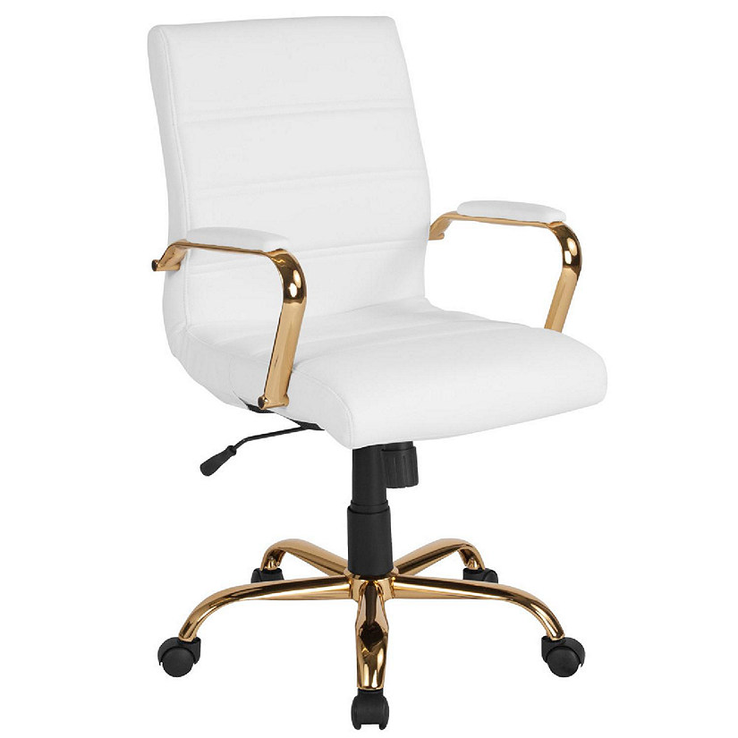 Emma + Oliver Mid-Back White LeatherSoft Executive Swivel Office Chair with Gold Frame/Arms Image