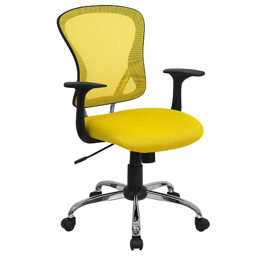 Emma + Oliver Mid-Back Yellow Mesh Swivel Task Office Chair with Chrome Base and Arms Image