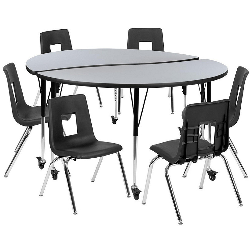 Emma + Oliver Mobile 60" Circle Wave Activity Table Set-18" Student Stack Chairs, Grey/Black Image