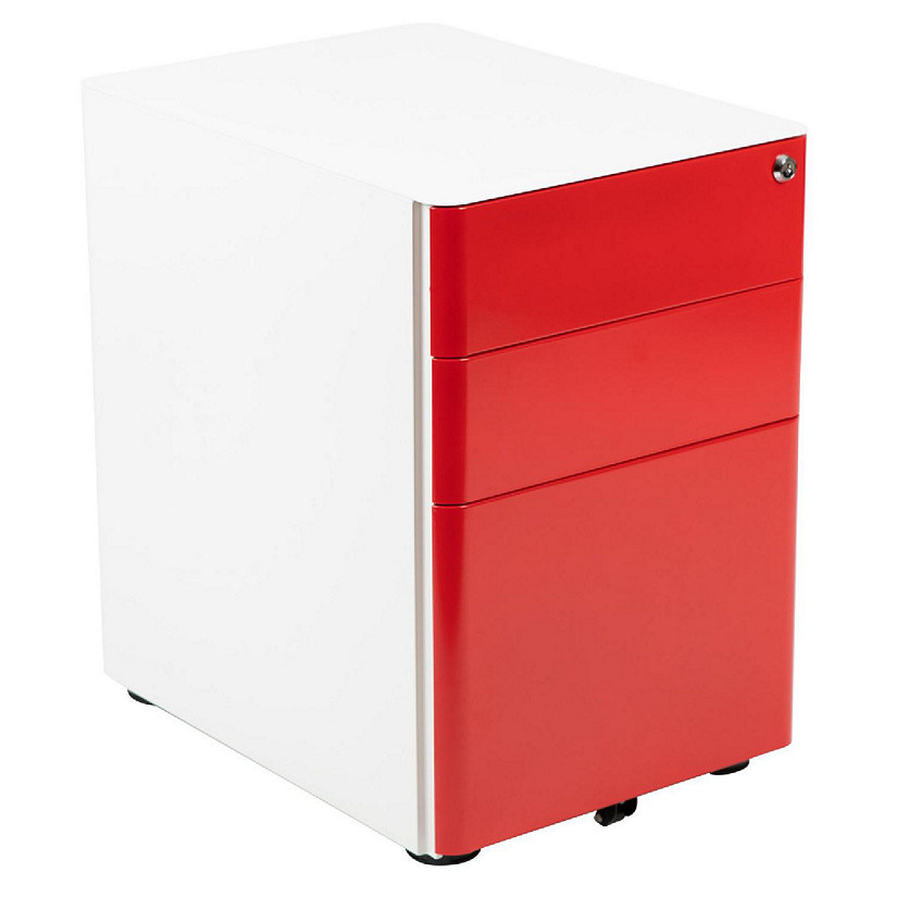 Emma + Oliver Modern 3-Drawer Mobile Locking Filing Cabinet-White with Red Faceplate Image