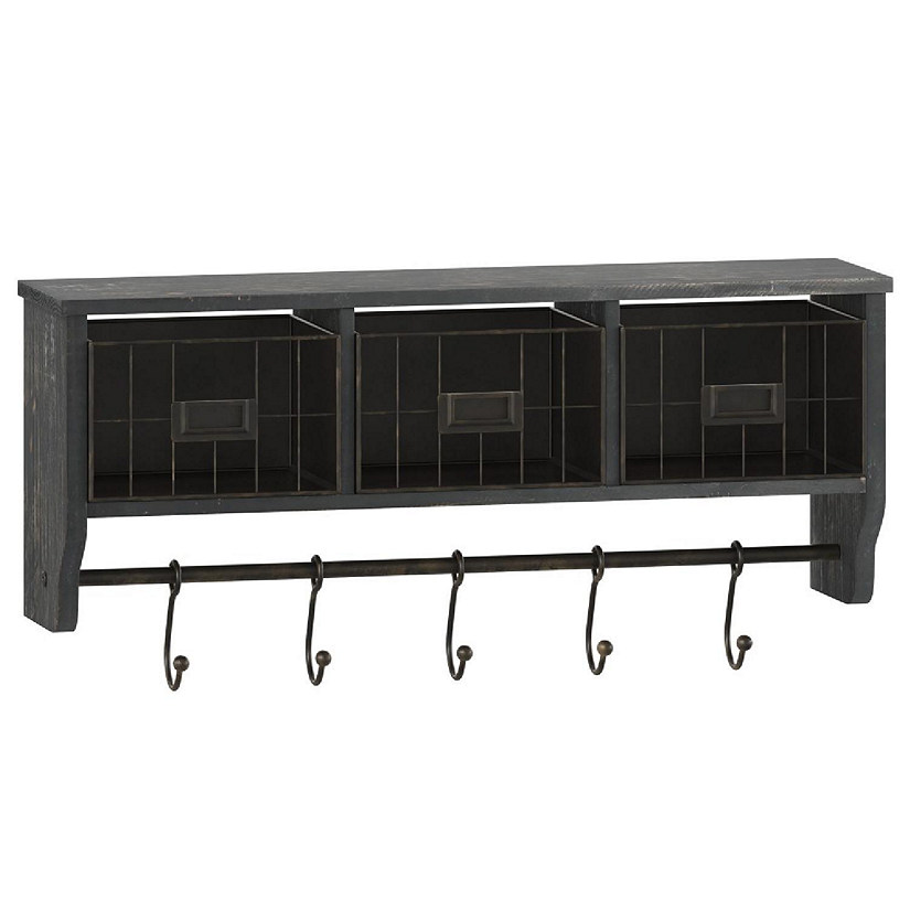 Emma + Oliver Mulhall Wall Mounted Shelf with Storage Cubbies - Blackwash Finish - Rustic Country Style - 5 Adjustable Sliding Hooks - 3 Wire Storage Baskets Image