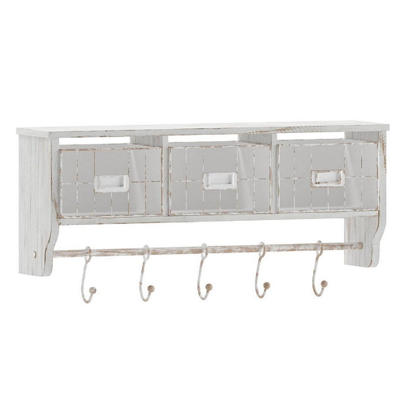 Emma + Oliver Mulhall Wall Mounted Shelf with Storage Cubbies - Whitewash Finish - Rustic Country Style - 5 Adjustable Sliding Hooks - 3 Wire Storage Baskets Image