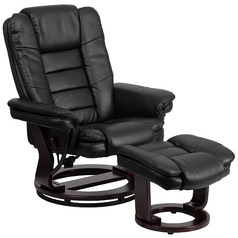 Emma + Oliver Multi-Position Stitched Recliner & Ottoman with Swivel Base in Black LeatherSoft Image