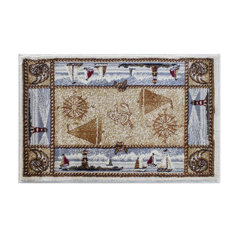 Emma + Oliver Olefin Accent Rug - Coastal Theme - 2x3 - Fine Nautical Detailing - Stain and Moisture Resistant Olefin Facing - Natural Jute Backing Image