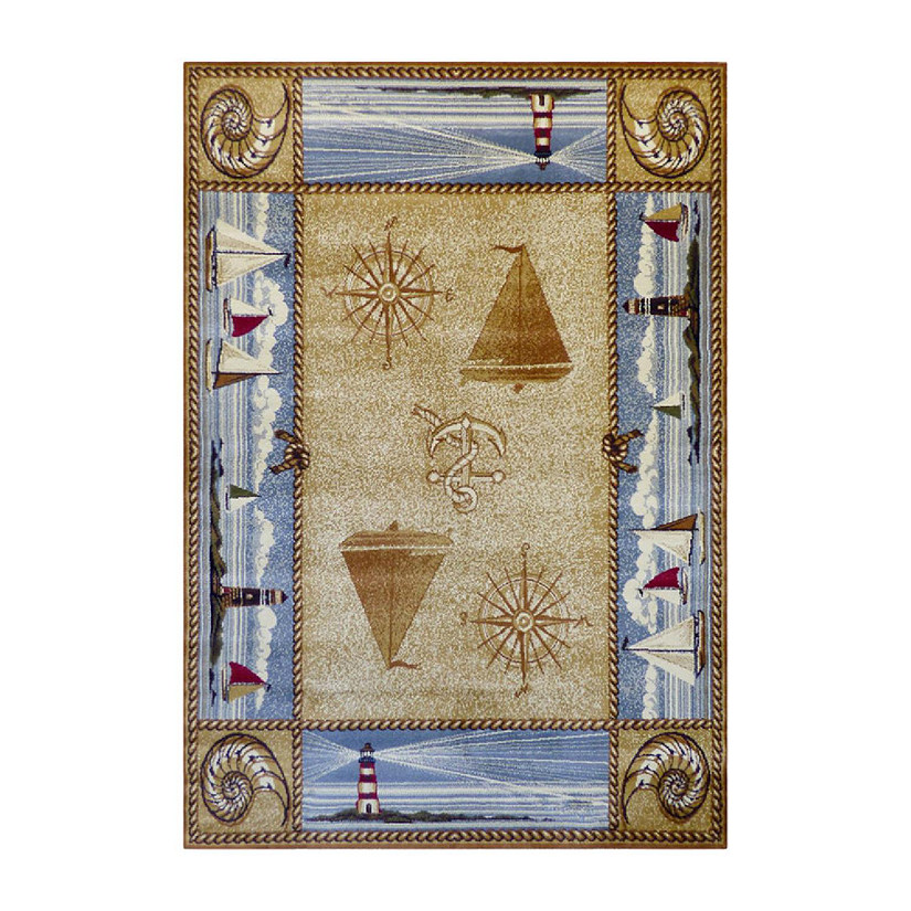 Emma + Oliver Olefin Accent Rug - Coastal Theme - 5x7 - Fine Nautical Detailing - Stain and Moisture Resistant Olefin Facing - Natural Jute Backing Image