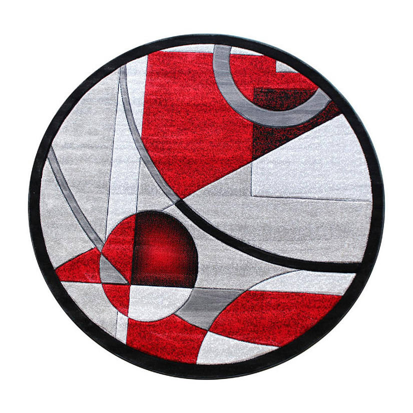 Emma + Oliver Olefin Accent Rug - Red Abstract Geometric Design - 5x5 Round  - Ultrasoft Plush Facing - Easy Upkeep - Jute Backing - Moisture & Stain  Resistant